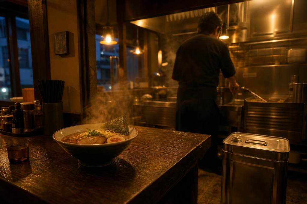湯気立つラーメンと厨房の片隅に置かれた廃油容器